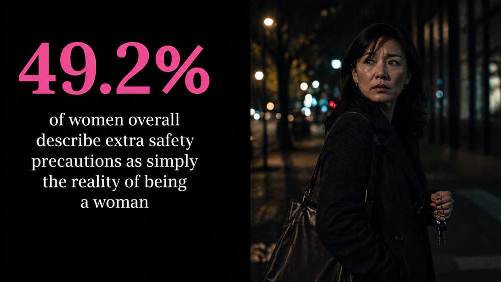 49.2% of women overall describe extra safety precautions as simply the reality of being a woman