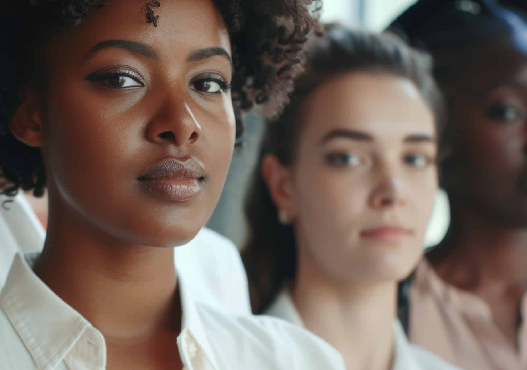 Close-up of a diverse group of young women sitting together, foreground woman in a white shirt looking at the camera in a vehicle interior